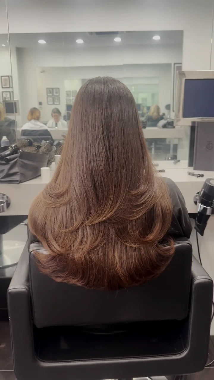 Long brunette hair cut in soft layers